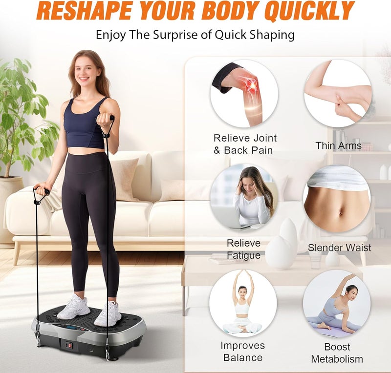 ALSO GO Vibration Plate Exercise Machine, 6 Workout Modes & 120-Level Vibration Platform for Weight Loss/Lymphatic Drainage, 400lbs Capacity Vibration Board with Resistance Bands for Full Body Workout - Image 4